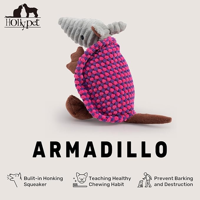 Hollypet Plush Dog Squeaky Toy Stuffed Armadillo Animal Pet Puppy Chew Toys with Clean Teeth for Small Medium Large All Breed Sizes Dogs, Rose Red and Purple,8 in