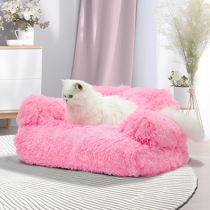 Cat Couch Bed for Indoor Cats, Calming Pet Sofa Puppy Sleeping Bed with Removable Washable Cover, Cute Dog Couch and Kitty Lounge Chair for 18lbs Cat & Small Dogs(Plush Pink)