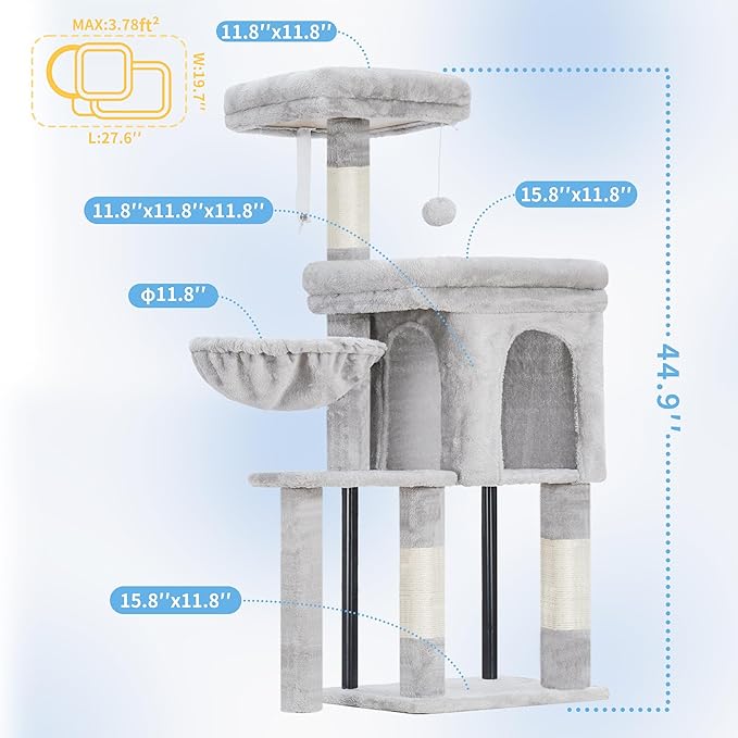 Hey-brother Cat Tree Tower, Scratching Posts with Cozy Condo, Padded Bed, Hammock, Plush Perch, Sisal Post and Ball for Indoor Kittens, 44.9 Inches, Light Gray MPJ009SW