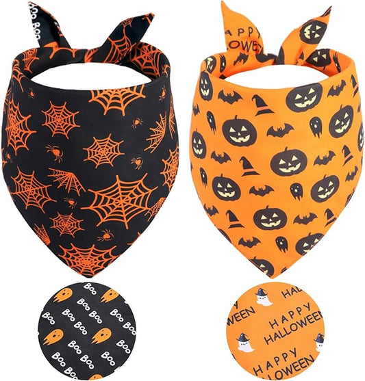 Halloween Dog Bandanas Small 2PCS, Reversible Triangle Dog Scarfs with Pumpkin, Spide, Bat, Ghost, Fall Puppy Bandanas Bib Handkerchief for Boy and Girl, Holiday Bandanas