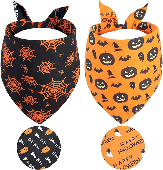Halloween Dog Bandanas XLarge 2PCS, Reversible Triangle Dog Scarfs with Pumpkin, Spide, Bat, Ghost, Fall Puppy Bandanas Bib Handkerchief for Boy and Girl, Holiday Bandanas