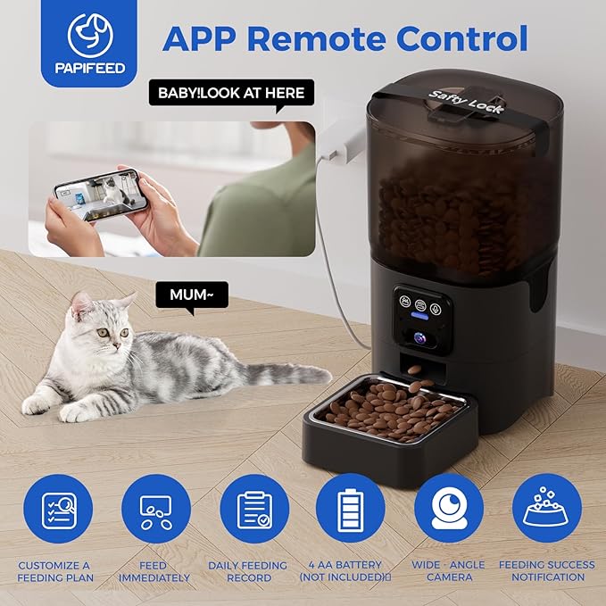 PAPIFEED Automatic Cat Feeder,Camera 1080P HD - 6L Pet Feeder, 2.4/5G WiFi Smart App Control, Bluetooth Assist Link,Wide-Angle Lens,Automatic Feeder for Small and Medium-Sized Pets (Wide Angle Video)