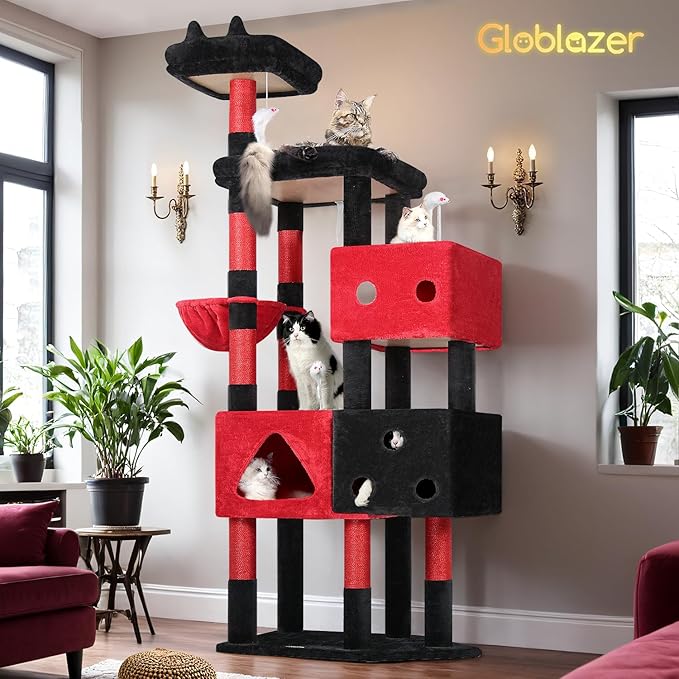 Globlazer Extra Large Gothic Cat Tower, 81-inch Tall Goth Cat Tree for Big Cats 20 lbs, XXL Heavy Duty Cat Scratching Tower for Indoor Adult Cats with 3 Cat Condos, 8 Scratching Posts, F81, Black Red