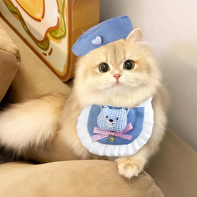HOWWFALY Adorable Cat Princess Costume Blue Cat Beret with Little Heart & Bear Bib Scarf Bell Bow Set, Adjustable Pet Costume for Halloween Christmas Birthday Parties