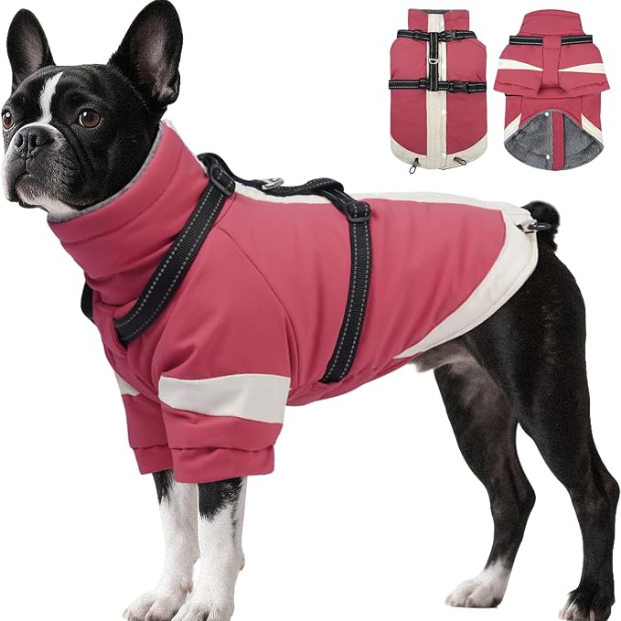 Dog Winter Coat with Adjustable Reflective Harness Built in -M | Turtleneck Water-Repellent Coats with Sleeves for Small Dogs Girls,Cold Weather Clothes,Warm Jacket for Jack Russel (Pink)