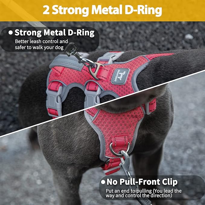 Huntboo Escape Proof Dog Harness, No Pull Reflective Harness with Lift Handle, Adjustable Pet Vest with Front and Back Leash Clips for Small Medium Large Dogs Walking Hiking Training (Red,L)
