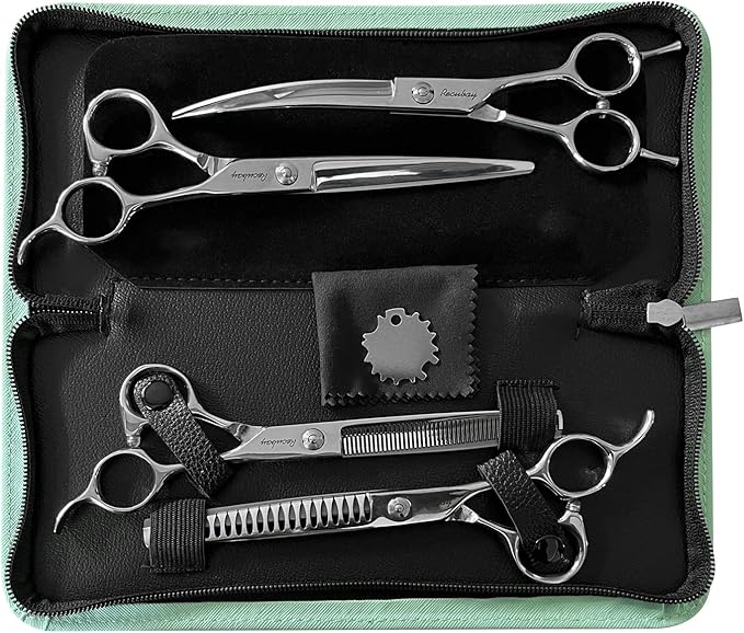 Dog Cat Scissors for Grooming, Pet Shears for Thick Coats and Matted Hair, Thinner Curved Straight Chunker Stainless Steel Shears