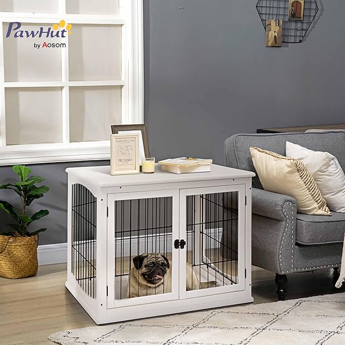 PawHut Dog Crate Furniture, 32" Small Dog Cage End Table with 2 Doors, Lockable Door, Puppy Kennel Indoor, White