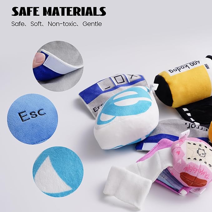 Nocciola Funny Squeaky Dog Toys, Old Tech Themed Stuffed Plush Puppy Toy Set with Hidden Treat Pockets, Cute Crinkle Chew Toys for Small Medium Large Breed, Boy Dog Birthday Gifts, 7 Packs