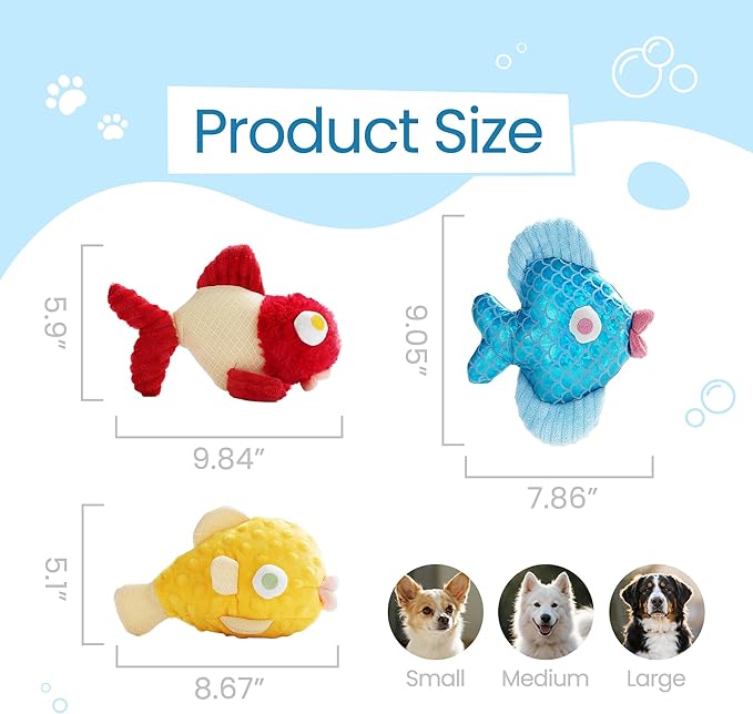 Nocciola Tough Dog Toys, Squeaky Dog Toys to Keep Dogs Busy with Two Resistant Layer & Crinkle Sound, Googly Eyed Fish Gang Puppy Teething Toys for Small, Medium, Large Breeds, 3 Pack
