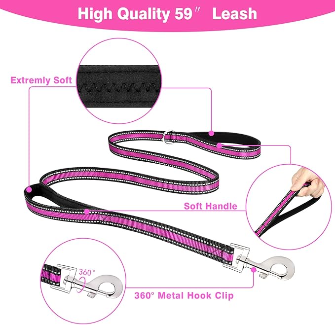 WINSEE Pet Harness Collar and Leash Set, All-in-one Reflective Dog Harness No Pull with Adjustable Buckles for Puppies, Small, Medium, Large, and Extra-Large Dogs (Small, Rosy)