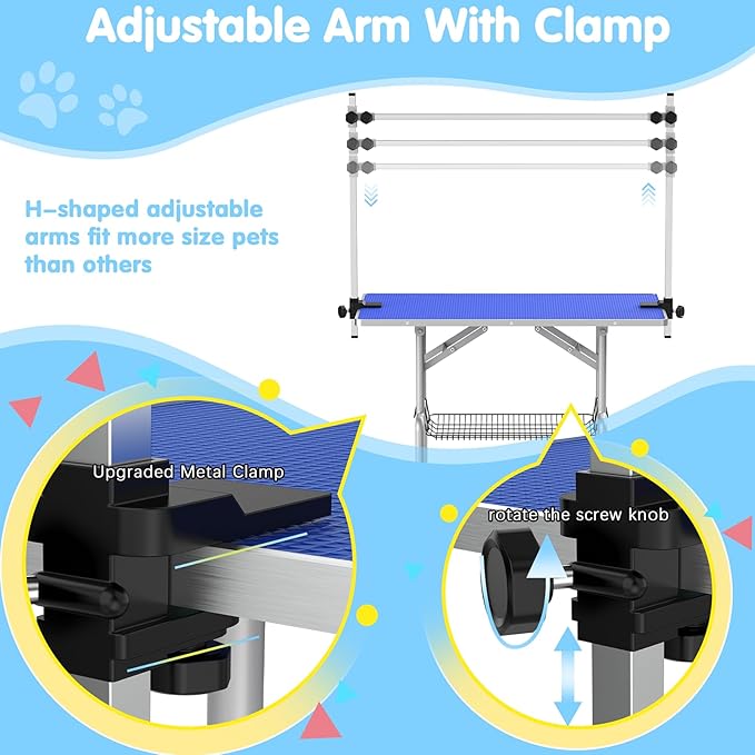 42''Large Dog Grooming Table, Adjustable Cat Drying Desktop with Arms, Nooses, Mesh Tray, Foldable Pet Station at Home, Maximum Capacity Up to 330Lb, 42inch, Blue