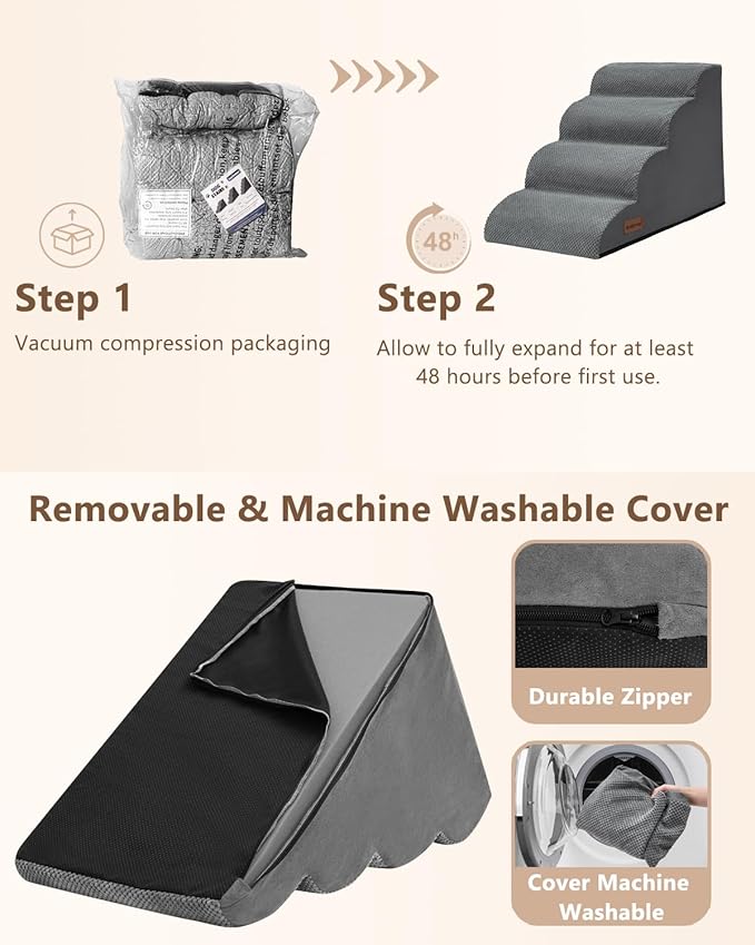 Dog Stairs Ramp for Bed and Couch,4 Step Dog Steps for Small Dogs,Pet Stairs with Non-Slip Bottom for Old Cats,Indoor Pet Steps,Comfort,Durable,17.4" H,Grey