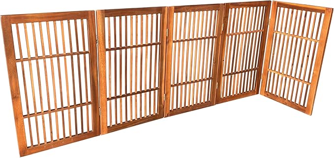Pet Dog Gate Strong and Durable Freestanding Folding Acacia Hardwood Portable Wooden Fence Indoors or Outdoors by Urnporium (Brown Pet Gate, 5 Panel 30" Tall)