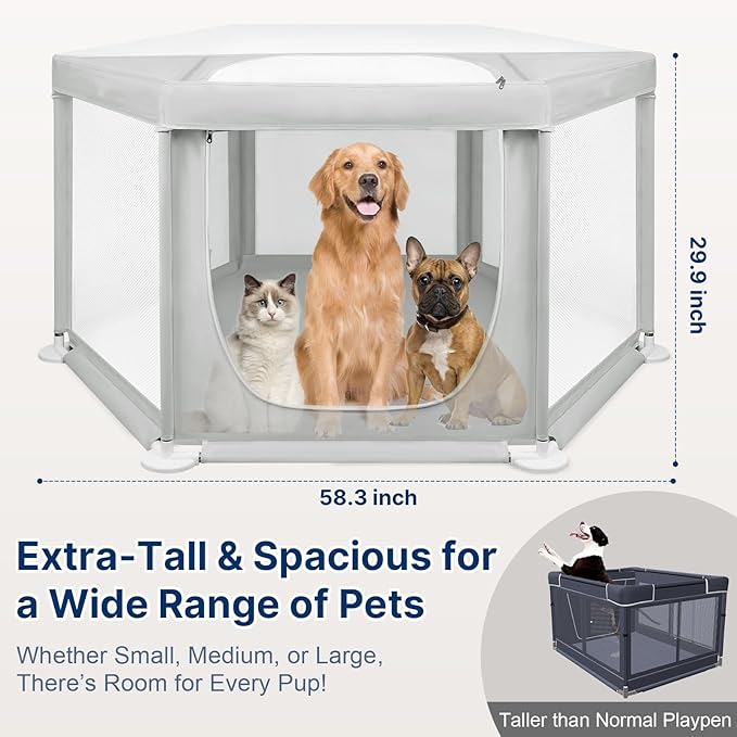 58.3"x58.3"x29.9" Large Dog Playpen Indoor, Extra Tall Puppy Playpen with Removable Roof, Sturdy Fabric Dog Pen for Medium to Large Pets, Spacious Hexagonal Pet Playpen Indoor for Comfort & Security