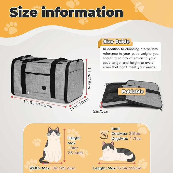YUDODO 25 lbs Lightproof Soft Sided Large Cat Carrier for Small Dog Pet Airline Approved Travel Bag Puppy Carriers with Side Pockets & Reflective Mesh, Foldable Portable for Outdoor Car Grey