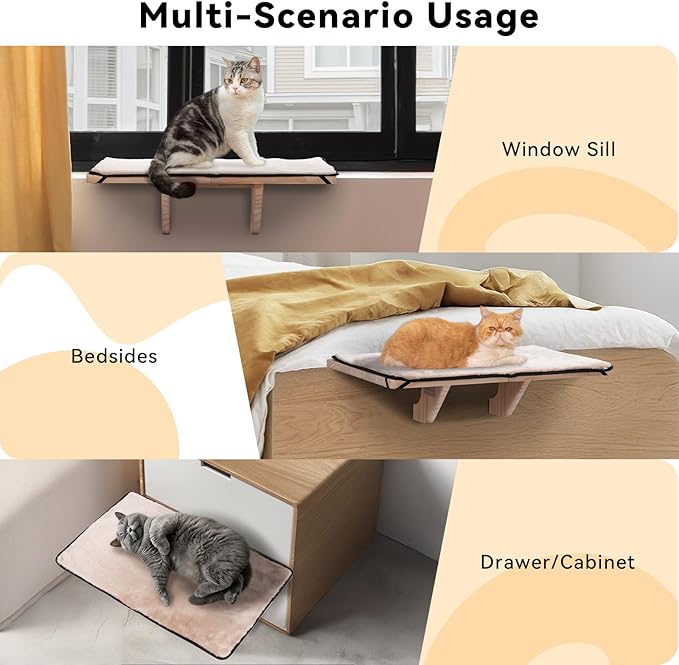 PETSFIT 2 Cats Design Window Perch, Cat Hammock Window Seat with Natural Wood &Removable Fleece Mat for Large Cats, Easy to Adjust&Assemble Cat Bed for Windowsill, Bedside and Drawer