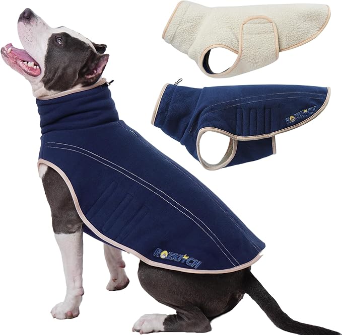ROZKITCH Reversible Dog Coats for Large Dogs, Windproof Turtleneck Dog Vest Fleece Sherpa Sweater with Embroidery, Adjustable Double-Sided Plush Sweatshirt for Medium Large Breeds DarkBlue 2XL