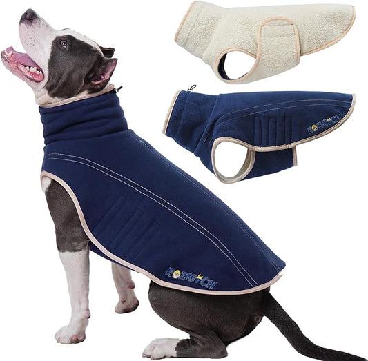 ROZKITCH Reversible Dog Coats for Large Dogs, Windproof Turtleneck Dog Vest Fleece Sherpa Sweater with Embroidery, Adjustable Double-Sided Plush Sweatshirt for Medium Large Breeds DarkBlue 2XL