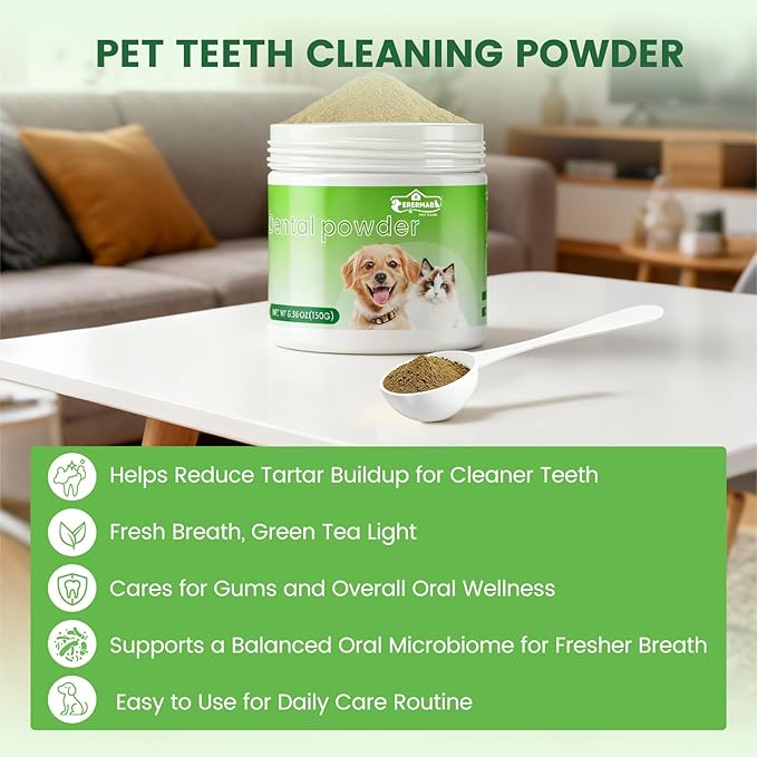 Dog Teeth Cleaning Powder, Dog Dental Powder and Cats Breath Freshener，Bad Breath & Tartar Remover for Dogs,Dog Teeth Cleaning with Enzymes- 60-Day Supply 150g