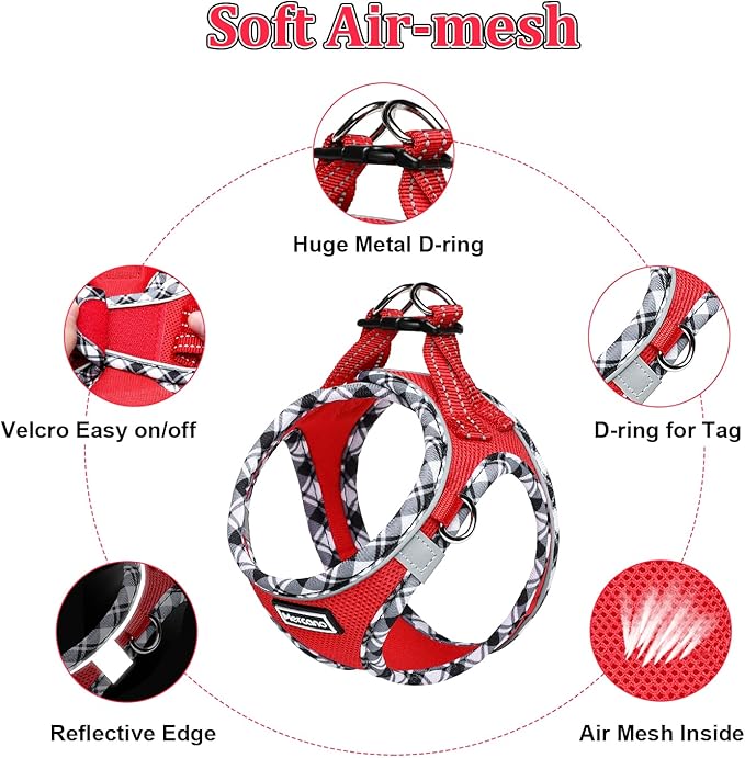 Mercano Soft Mesh Dog Harness and Leash Set, No-Chock Step-in Reflective Breathable Lightweight Easy Walk Vest Harnesses with Safety Buckle for Small Dogs, Cats (Red, M)