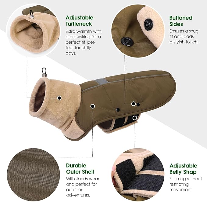 ASENKU Dog Coat, Dog Winter Jackets with Fleece Turtleneck, Windproof, Reflective Pet Snow Jacket for Cold Weather, Coats for Large Size Dogs Army Green, XXL