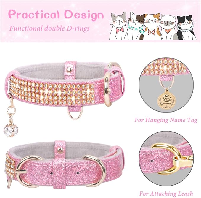 PetsHome Cat Collar, Dog Collar, [Bling Rhinestones] Premium PU Leather with Pendant Adjustable Collars for Cat and Small Dog Extra Small Pink