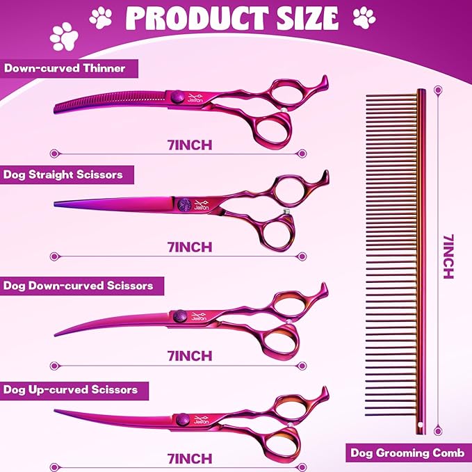 JASON Dog Grooming Scissors Set - Professional 6 in 1 Dog Shears Set - 7" Curved Thinner, 7" Straight, 7" Up-Curved, 7" Down-curved Scissors and Comb for Dog Cat Pet with Adjustable Screw