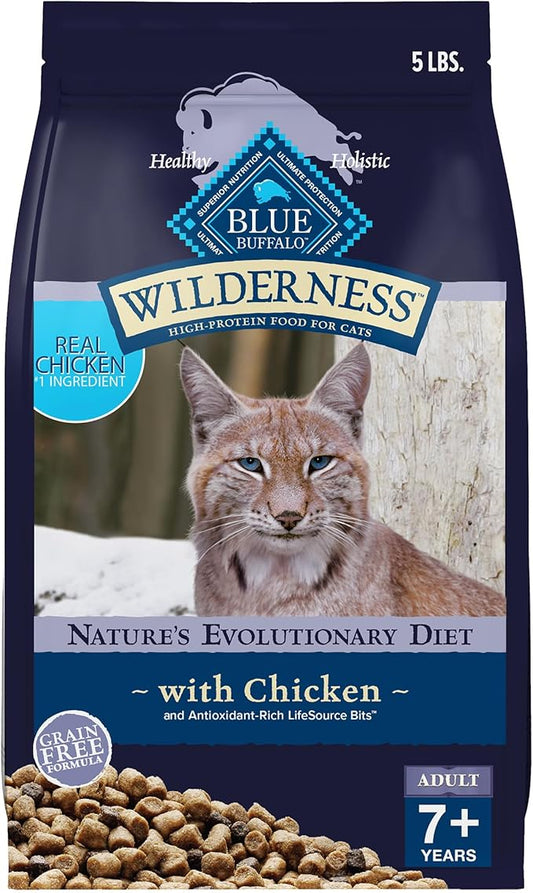 Blue Buffalo Wilderness Natural Mature Dry Cat Food for Cats 7+ Years, High-Protein and Grain-Free Diet, Supports Immune System Health and Energy to Stay Active, Chicken, 5-lb. Bag