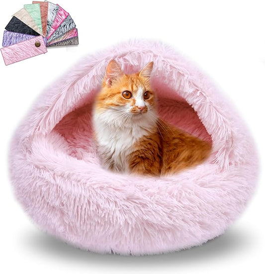 Cat Beds for Indoor Cats,Cat Cave for Puppy and Kitty,Calming Small Dog Bed for Small Dogs with Cover Cave,Cozy Warming Fluffy Washable Anti-Slip Pet Sleeping Bag(24 * 24inch,Light Pink)