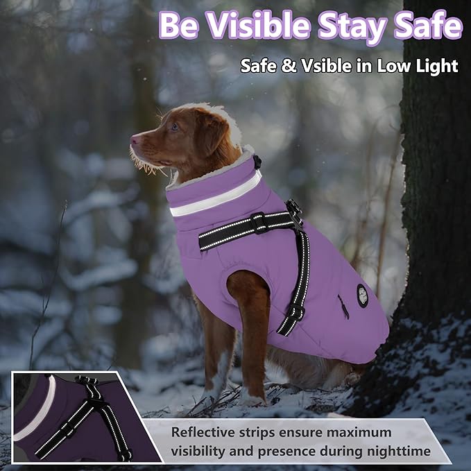 Dogcheer Dog Coat with Harness, Waterproof Dog Jacket, Reflective Puppy Winter Jacket with Pocket, Doggy Turtleneck Fleece Vest for Small Medium Large Dogs - Taro Purple, 2XL