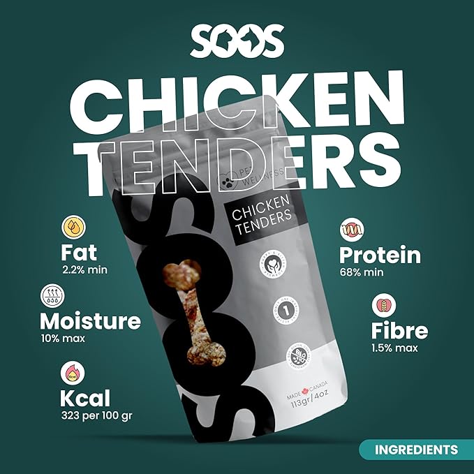 SOOS Natural Chicken Tenders Treats for Dogs & Cats - High Protein, Grain Free, Vitamin Minerals, Healthy Training Treats - 113g