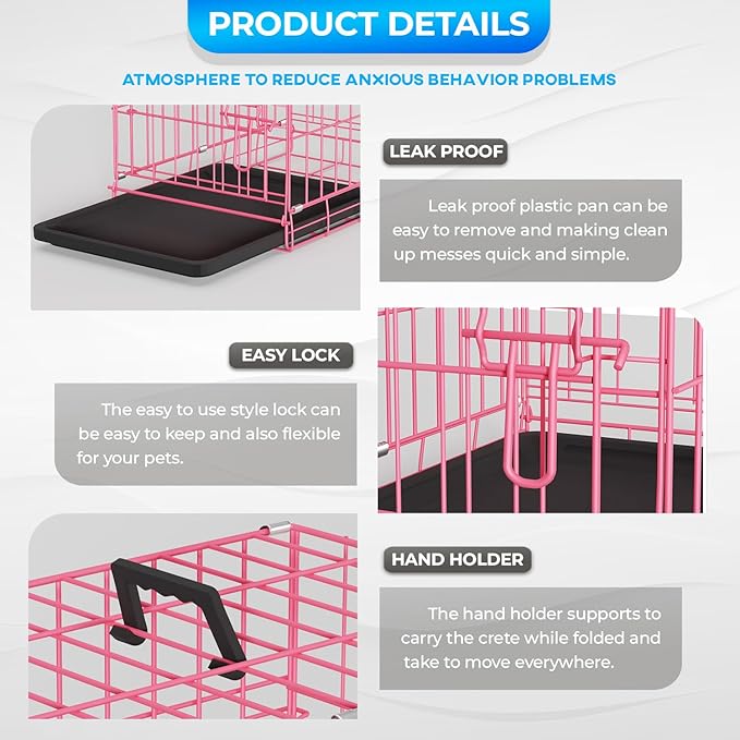 FDW Dog Crate for Small Dogs 18 Inch Folding Metal Wire Pet Cage Single Door W/Divider Panel Indoor Outdoor Kennel Leak-Proof Plastic Tray,Pink