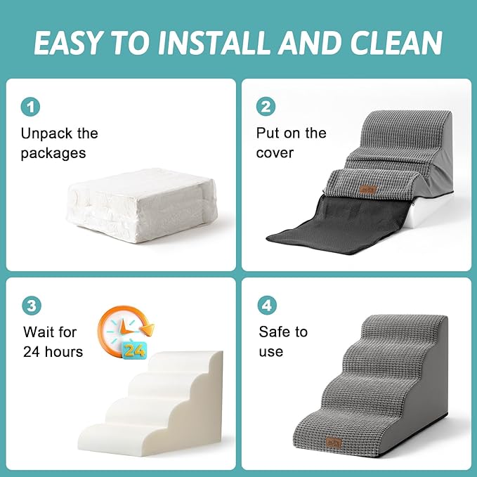 Dog Stairs for Small Dogs 19.7" H, Curved Dog Step for Puppy, Older or Cat, Medium Pet Ramp for Sofa, Couch or Bed, Ladder with High Density Foam, 4 Step, 15.7x28.3x19.7 inch, Dark Grey