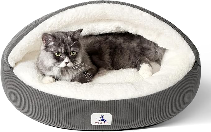 23" Covered Cat Bed Cave for Indoor Cats and Small Dogs - Enclosed Cozy Pet Bed with Hooded Roof for Added Security & Warmth, Washable & Removable Cushion, Anti-Slip Bottom Cat House, Gray