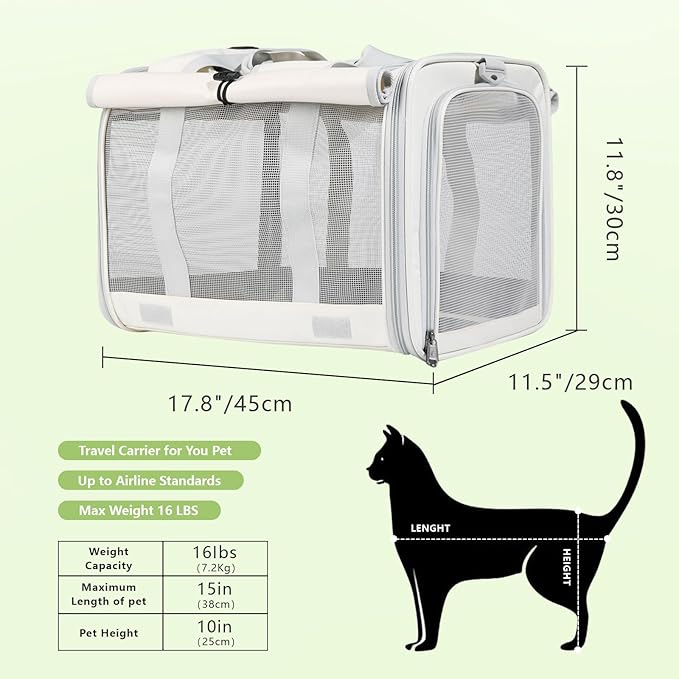 Cat Carrier and Dog Carrier is Designed for Pets Weighing up to 16 lbs.Soft-Sided,Durable and Collapsible Travel Carrier,Breathable Mesh for Ventilation,Adjustable Shoulder Strap for Comfort
