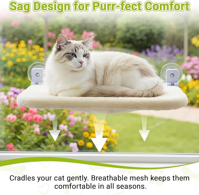 Cordless Cat Window Perch, Foldable Cats Hammock Window Bed with Metal Frame, Soft Cover, Large Suction Cups, Indoor Kitten Window Resting Seat for Spring/Fall, Creamy