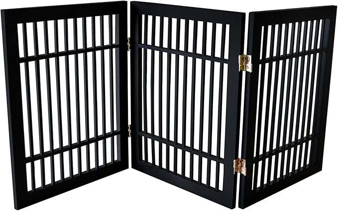 Pet Dog Gate Strong and Durable Freestanding Folding Acacia Hardwood Portable Wooden Fence Indoors or Outdoors by Urnporium (Black Pet Gate, 3 Panel 24" Tall)