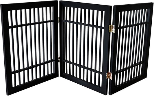 Pet Dog Gate Strong and Durable Freestanding Folding Acacia Hardwood Portable Wooden Fence Indoors or Outdoors by Urnporium (Black Pet Gate, 3 Panel 24" Tall)