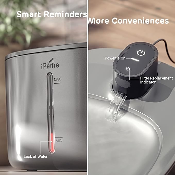 iPettie Runway Stainless Steel Cat Water Fountain, 1.1 Gal/4.0L Large Capacity, 5-Stage Water Filter