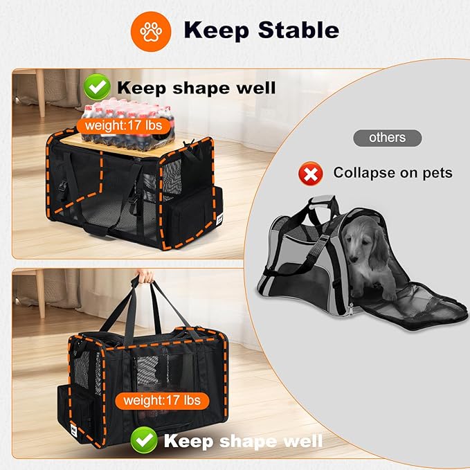 25''(L) x 17''(W) x 17''(H) Extra-Large Expandable cat Carrier for car Travel,with a Leakproof Portable Tall-Side Litter Box and Foldable Food Bowl(Black)