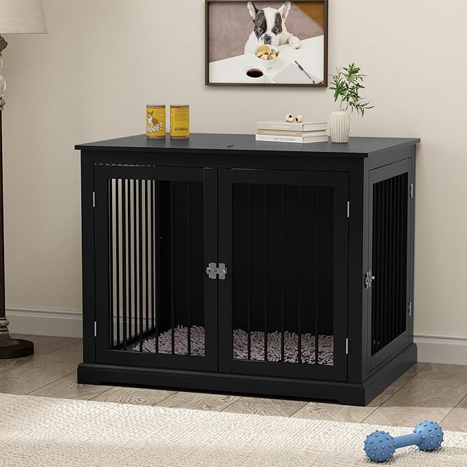 Large Dog Crate Furniture, Wooden Dog Kennel with Cushion, Dog Crate End Table Large, Indoor Dog Kennel, Modern Decorative Dog Crates with Flip Top, Chew-Proof Metal Bars, Black