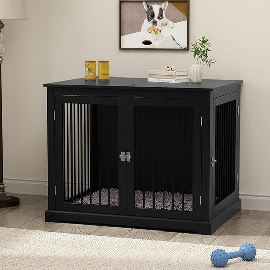 Large Dog Crate Furniture, Wooden Dog Kennel with Cushion, Dog Crate End Table Large, Indoor Dog Kennel, Modern Decorative Dog Crates with Flip Top, Chew-Proof Metal Bars, Black