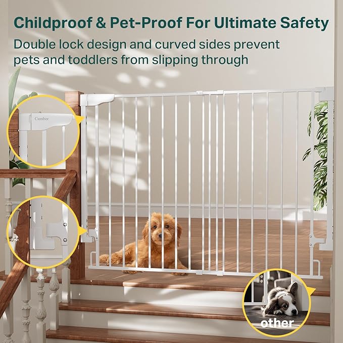 Cumbor 34" Extra Tall Baby Gate for Stairs, Wall-Mounted (Drill Required), Expandable 31.6-48" No Bottom Bar Dog Gate Indoor for Larger Pets, Large Walk Thru Door for Easy Access (White)
