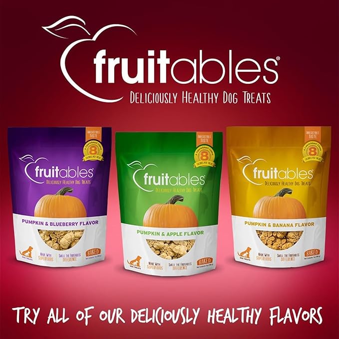 Fruitables Baked Dog Treats, Healthy Pumpkin Treat for Dogs, Low Calorie & Delicious, Free of Wheat, Corn and Soy, Made in the USA, Apple and Crispy Bacon Flavor, 7oz