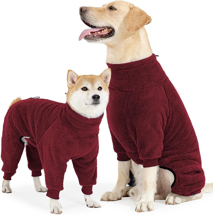 Dog Winter Coat, Warm Fleece Dog Jacket, Windproof Dog Pullover Jumpsuit, Full Body Dog Pajamas Onesie, Cold Weather Clothes for Medium Large Dog(Large,Red)