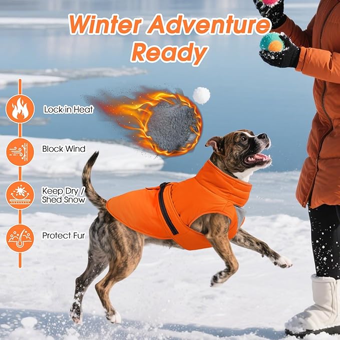 XXXL Dog Coat, Warm Dog Winter Jacket, Waterproof Dogs Snowsuit With Foldable High Collar, Reflective Strips, Leash Hole, And Adjustable Hook & Loop Closure - Ideal For Cold Weather- Orange 3XL