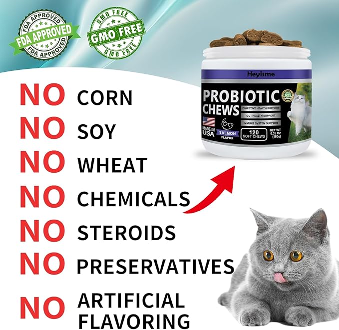 Cat Probiotic, Chews for Gut and Immune Health, Cats Probiotic Supplement for Cat Digestive Support, Healthy Digestion, Cat Constipation and Diarrhea Relief (Salmon, 120 Chews)