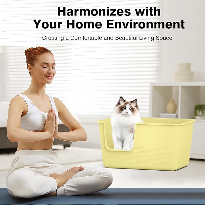 High Sided Extra Large Cat Litter Box - 24.8" L x 11.4" W x 13.0" H, XL Jumbo Kitty Litter Box for Big Cats, Tool-Free Assembly (Yellow)