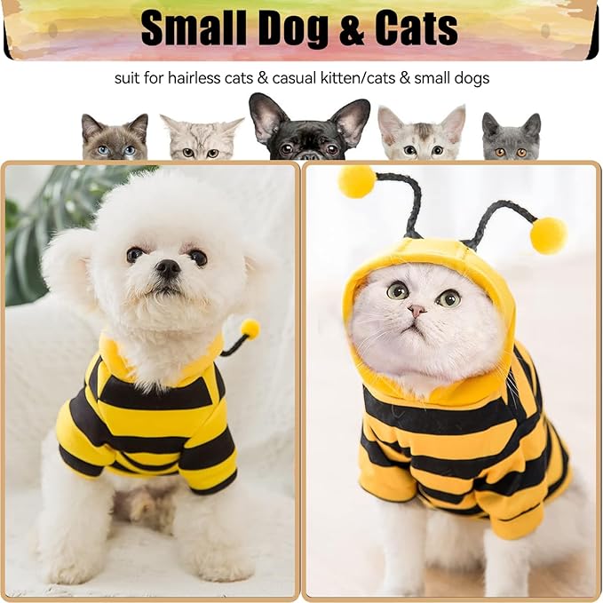 DENTRUN Sphynx Hairless Cats Costume Funny Bee Warm Winter Sweater Cute Pullover Kitten Shirts Breathable Cat Leisure Wear Turtleneck Vest Adorable Cat's Clothes Jacket Pajamas Jumpsuit, M